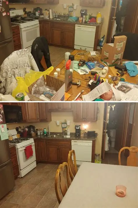 Before and after of an organized kitchen